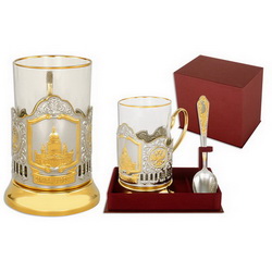 Набор чайный Исаакиевский собор: подстаканник (никель, позолота), стакан, ложка, в подарочной коробке