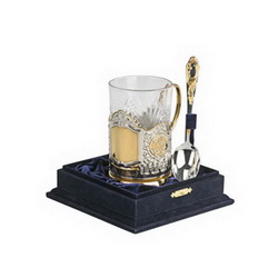 Набор: стакан с подстаканником и ложкой с гербом РФ, с местом под гравировку, в подарочной коробке