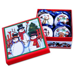 Набор из 4-x новогодних шаров Веселые снеговики, папье-маше d7,5 см, в подарочной коробке